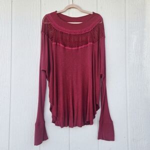 Free People Spring Valley Lace Waffle Weave Thermal Sweater Slouchy Pink Large